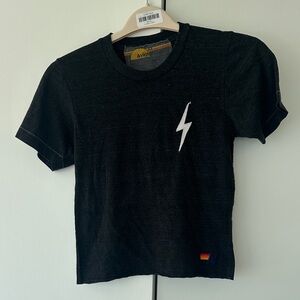 Aviator Nation Cropped Black T-Shirt with Lightning Bolt